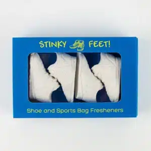 stinky feet linen in a blue box