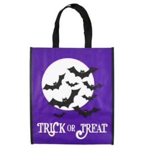 pupple bag black handles with bats on it. white writing trick or treat.