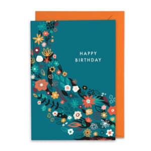 green happy birthday card with flowers