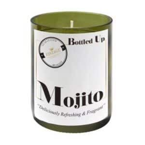 green recycled wine bottle with a mojito candle in it