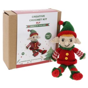 Crochet elf in red with a green hat