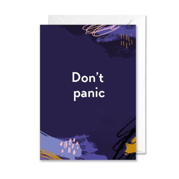 purple card with white writing say dont panic