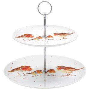 two teir cake stand with robins on it