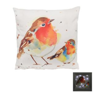 two colourful robins on a cream cushion