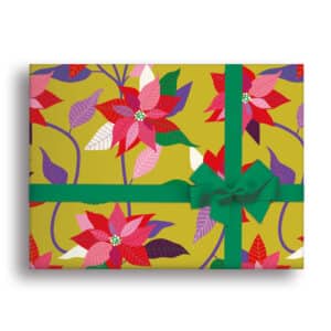 Poinsettia Gift Wrap on a green background red flowers