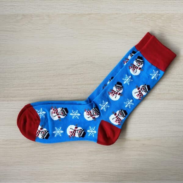 Blue snowman socks with red heels and toes