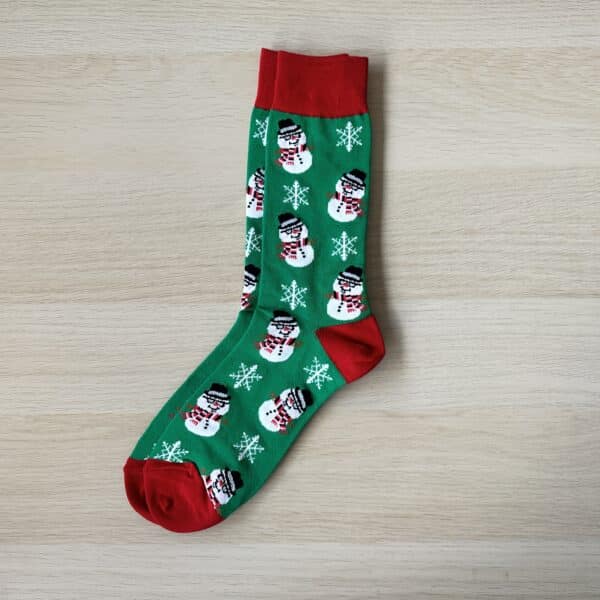 GREEN SNOWMAN SOCK WITH RED HEELS AND TOES