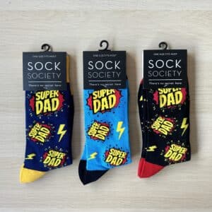 3 pairs of super Dad socks in blue, navy and black