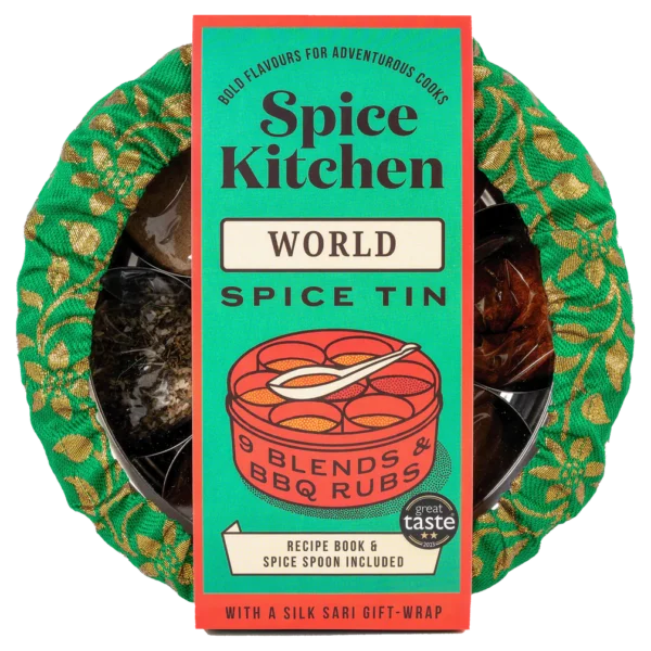 World spice tin with sari wrap image