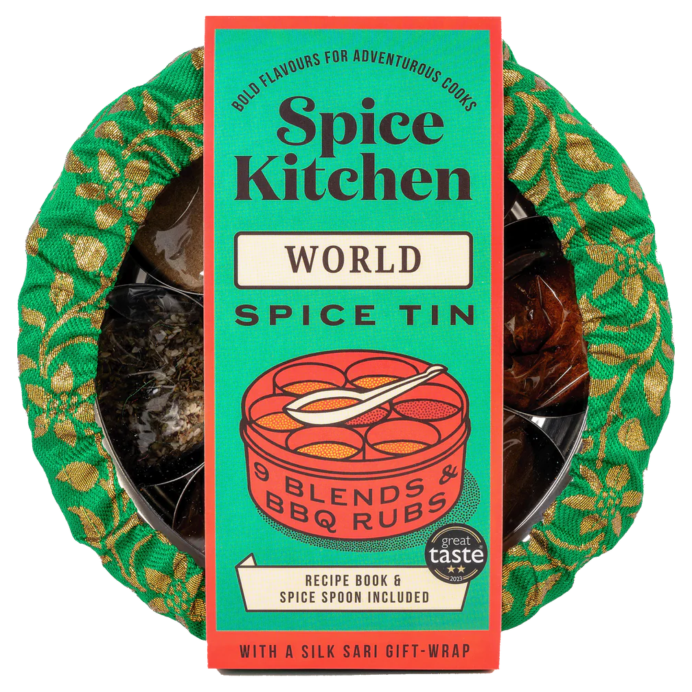 World spice tin with sari wrap image