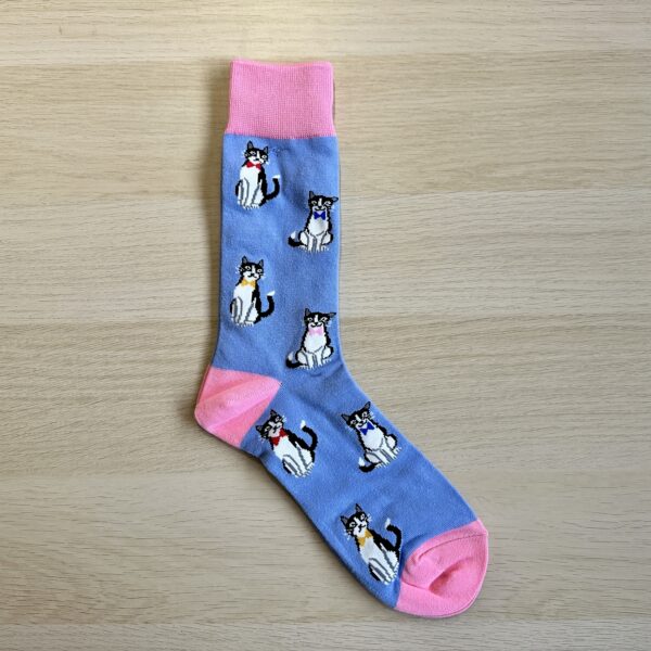 Sock Society blue socks with cats on them, with pink toes and heals