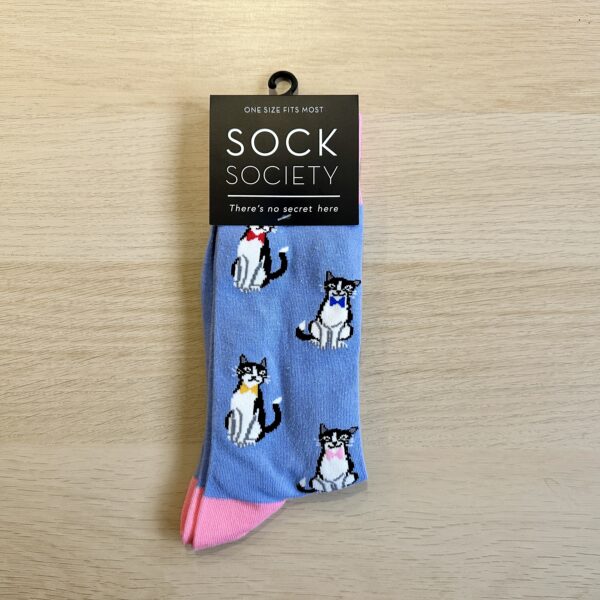 Sock Society blue socks with cats on them.