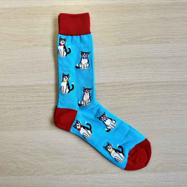 Sock Society turquoise socks with cats on the red heal and toe