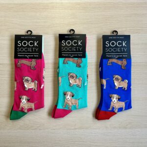 Sock Society blue socks, turquoise socks and red socks with dogs on them