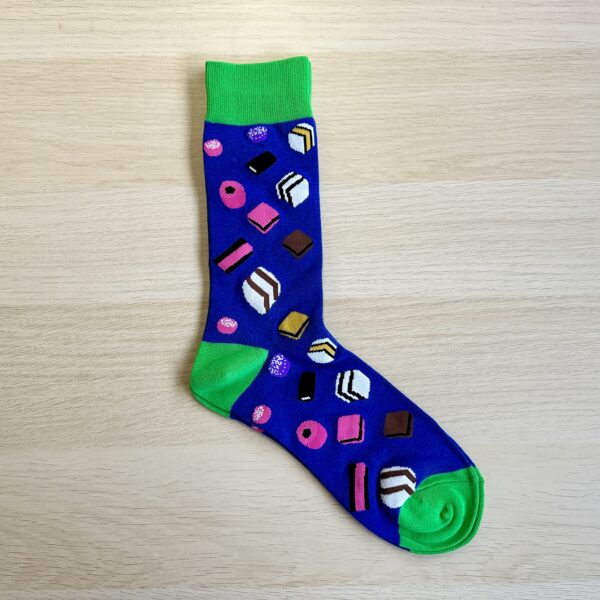 Liquorice socks blue with green toe and heels