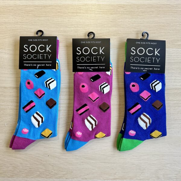 Liquorice socks, blue, purple and turquoise