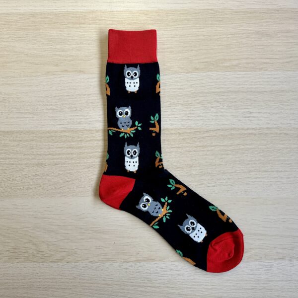 Black Owls sock with red toe and heel
