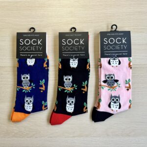 3 pairs of owl sock 1 pink, 1 blue and 1 black