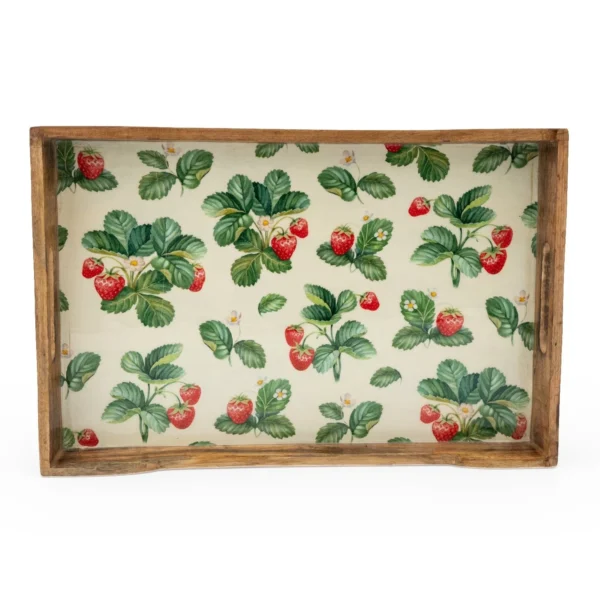 Handcrafted Rectangular Tray Mango Wood - Strawberries 45cm