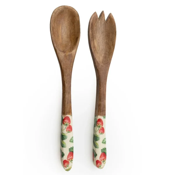 Handcrafted Serving Spoon & Fork Mango Wood - Strawberries