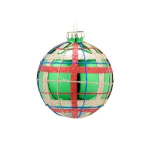 Festive 8cm Glass Bauble – Green tartan red glitter lines