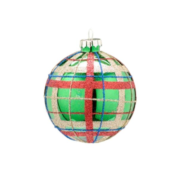 Festive 8cm Glass Bauble – Green tartan red glitter lines