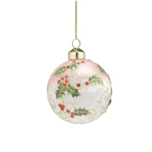 Festive 8cm Frosted White Holly Design Glass Bauble