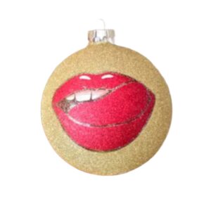 Festive 13cm Glass Bauble – Gold Glitter With Red Lips