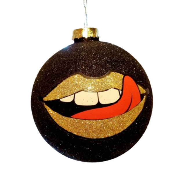 black glitter glass bauble with gold lips