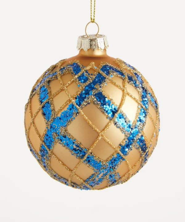 gold blue tartan baubles