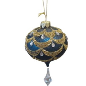 Festive 8cm unusual Blue Bauble With Gems and Droplet