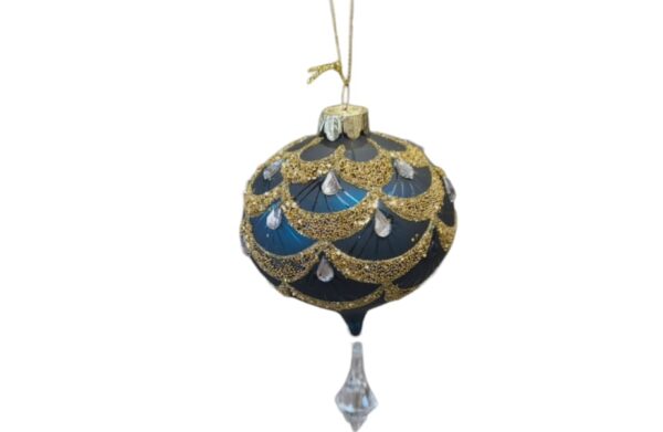 Festive 8cm unusual Blue Bauble With Gems and Droplet