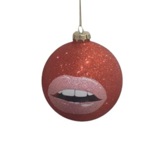 Festive 13cm Glass Bauble Red Glitter With Pink Lips