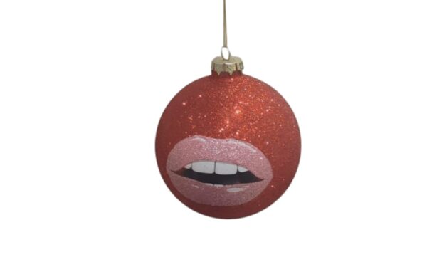 Festive 13cm Glass Bauble Red Glitter With Pink Lips