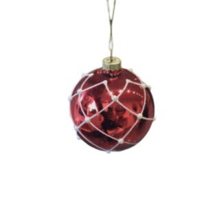 Festive 8cm Crimson Red Glass Bauble With White Pearls 