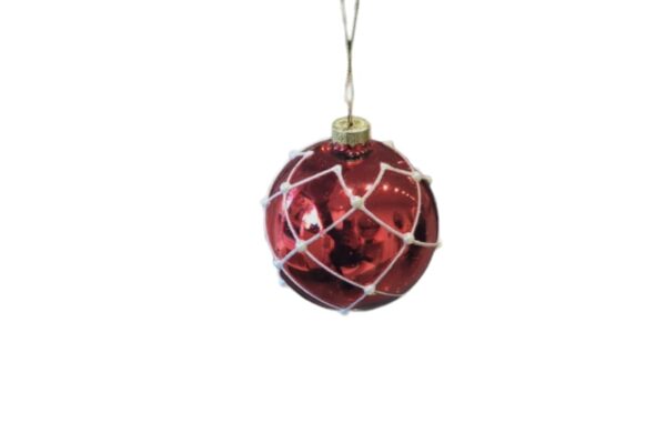 Festive 8cm Crimson Red Glass Bauble With White Pearls 