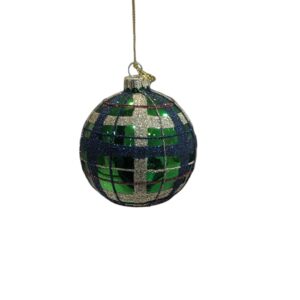 Festive 8cm Tartan Green Glass Bauble With Gold, Blue And Red Glitter Lines