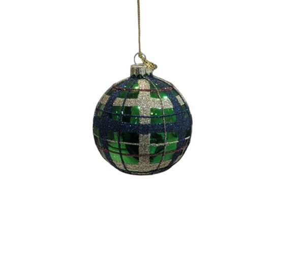 Festive 8cm Tartan Green Glass Bauble With Gold, Blue And Red Glitter Lines