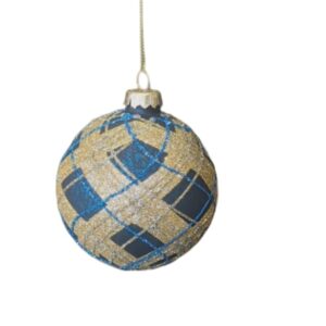 Festive 8cm Glass Bauble – Blue And Gold Tartan