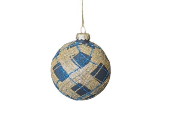 Festive 8cm Glass Bauble – Blue And Gold Tartan