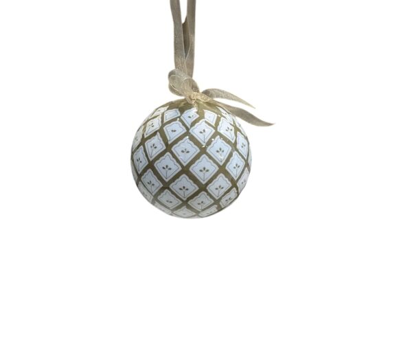 Festive Vintage Gold and White Squares With Flowers Bauble