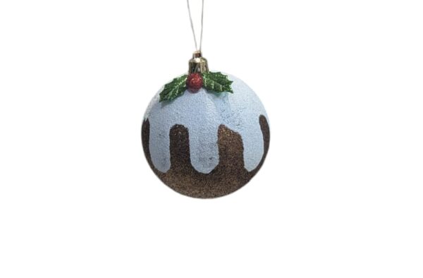 Festive Christmas Pudding Bauble Glittered With Holly