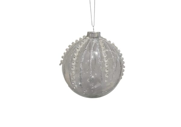 Festive Clear Glass Bauble With Silver Glitter and Gems