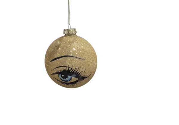 Festive Gold Glitter Glass Bauble with Eye and Lashes