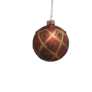 Festive 8cm Red and Gold Glass Bauble With Gold Pattern Glitter Green Gems