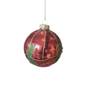 Festive 8cm Red Glass Bauble Red With Holly Christmas Tree Decoration