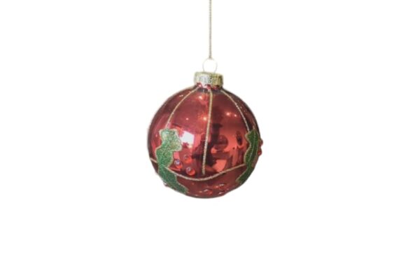 Festive 8cm Red Glass Bauble Red With Holly Christmas Tree Decoration