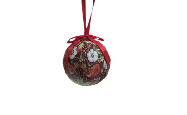 Festive Vintage Red Bauble With White Daisy Flowers, Robin And Holly