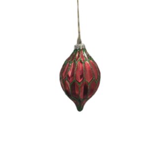 Festive 8cm Olive Shaped Red Glass Bauble With Green Ribbed Glitter Around