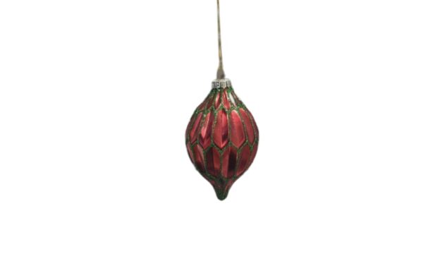 Festive 8cm Olive Shaped Red Glass Bauble With Green Ribbed Glitter Around